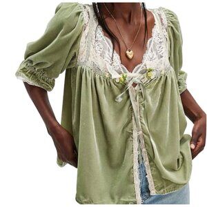 Free People Green Lace Trim Blouse